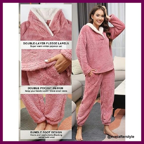 Fuzzy Flannel Pajama Set Cozy Winter Sleepwear Lounge Wear Plush Fleece - Picture 5 of 8